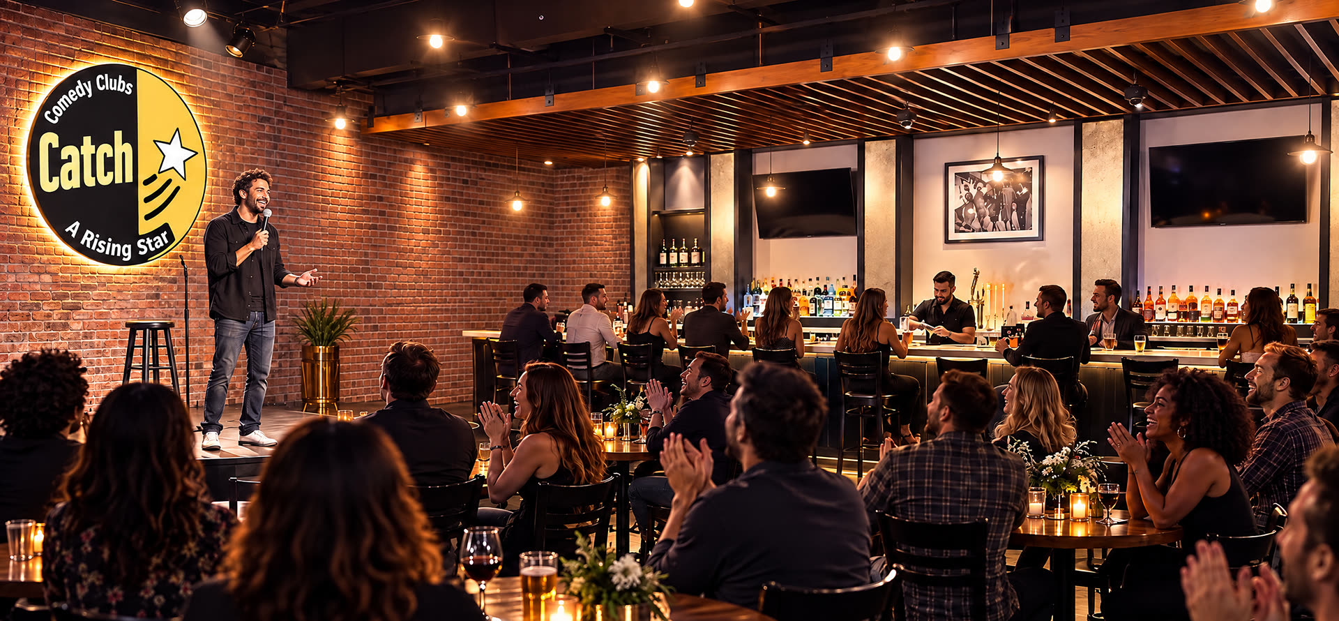 Catch a Rising Star show, with a comedian on stage and the club logo on the brick wall
